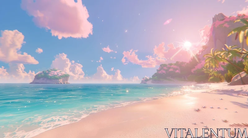 Tranquil Beach Sunset with Pink Sky and Islands AI Image