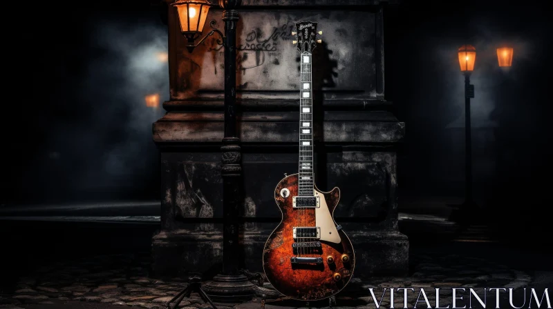 AI ART Vintage Gibson Les Paul Guitar in Dark Alleyway
