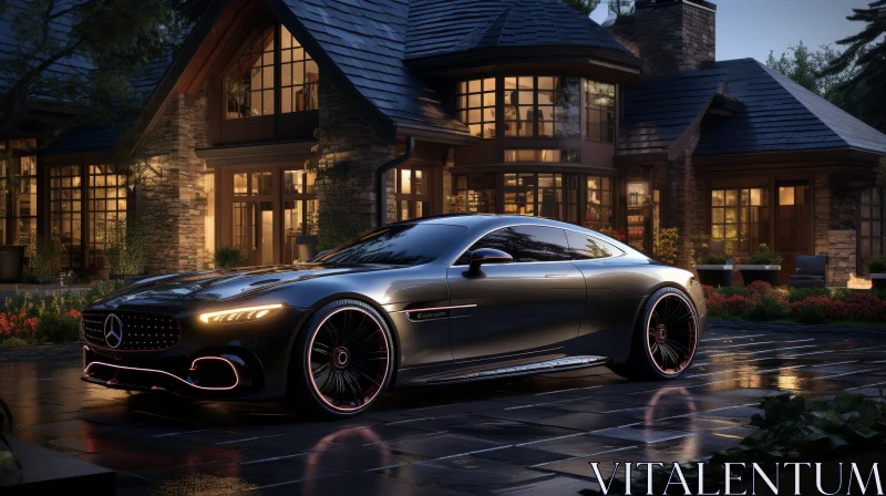 Black Mercedes-Benz Parked in Front of Large Stone House AI Image