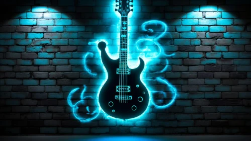 Blue Neon Guitar on Brick Wall - Abstract Art