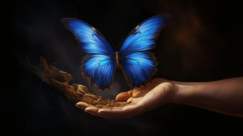Enchanting Blue Butterfly on Hand - Dark and Moody Photo