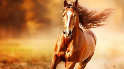 Energetic Brown Horse Running in Majestic Field