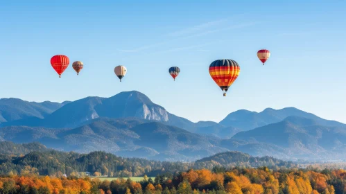 Hot Air Balloons Over Snowy Mountain Range