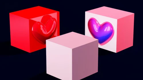 Red and Pink 3D Cubes with Heart-Shaped Holes on Dark Blue Background