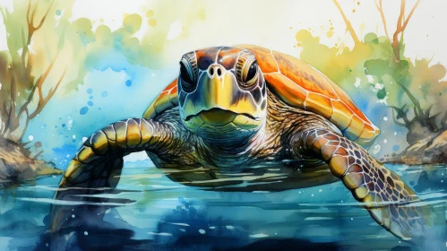 Sea Turtle Watercolor Painting in Ocean