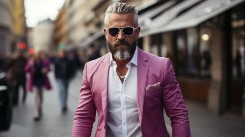 Serious Man in Pink Suit Walking Down City Street