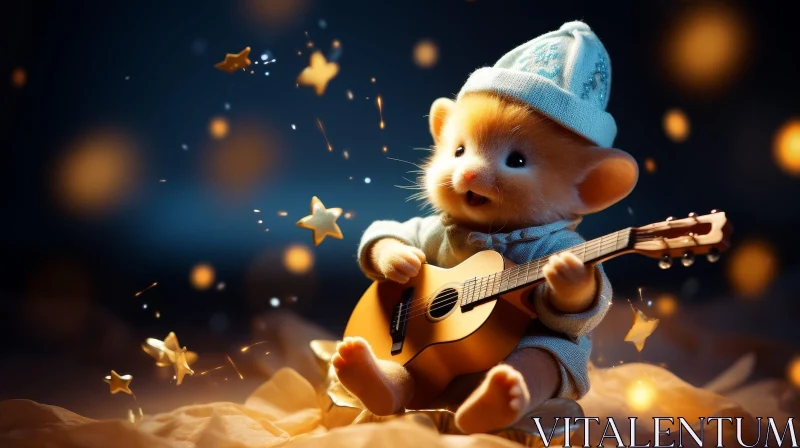 Charming Mouse Playing Guitar Under Starry Night Sky AI Image