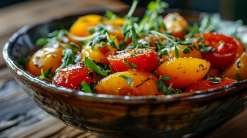 Colorful Cherry Tomatoes in Bowl on Wooden Table