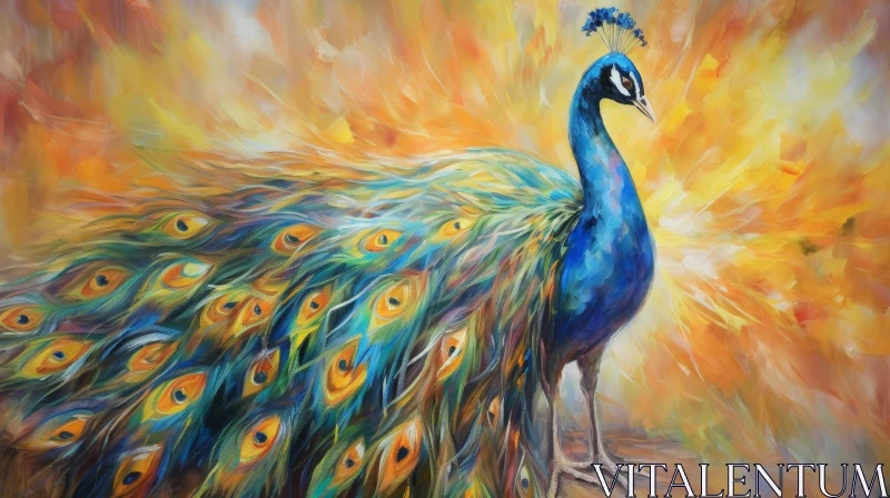 Colorful Peacock Painting on Orange Background AI Image