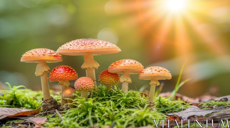 Enchanting Red and Orange Mushroom Cluster in Forest AI Image