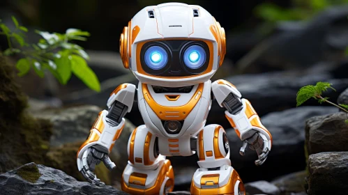 Futuristic White and Orange Robot on Rocky Surface