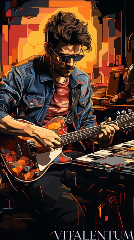 Man Playing Guitar in Recording Studio AI Image