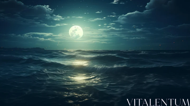 AI ART Night Seascape with Full Moon and Calm Sea