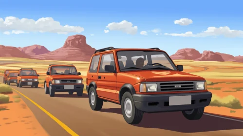 Orange SUV Driving on Desert Road - Cartoon Realism and Historical Illustrations
