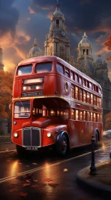 Red Double-Decker Bus in Cityscape Painting