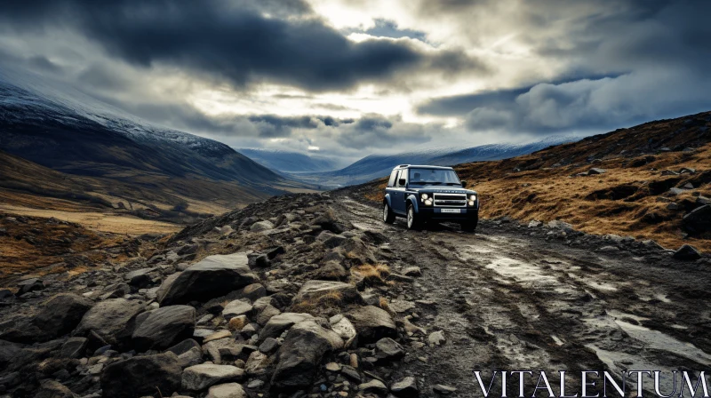 Rugged SUV Driving Through Majestic Mountains - Captivating Scottish Landscape AI Image
