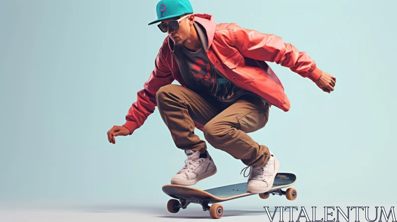 Stylish Man Skateboarding in Red Jacket and Sunglasses AI Image