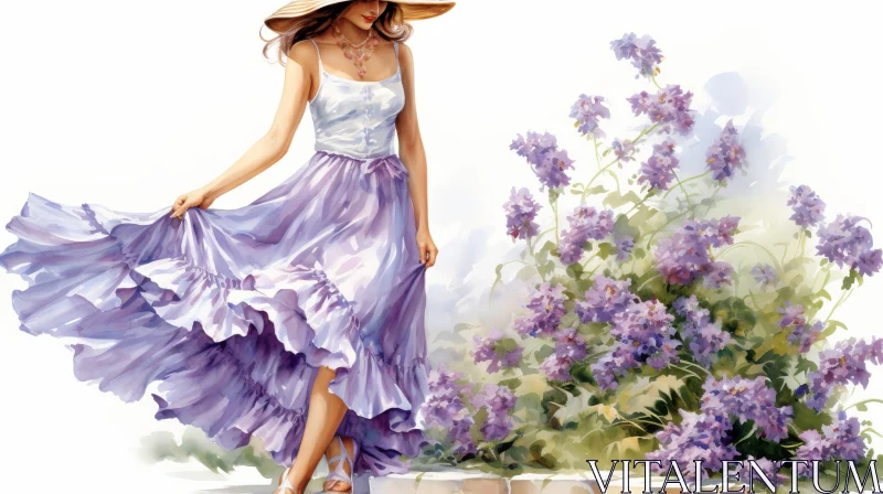 Woman in Purple Dress Watercolor Painting AI Image