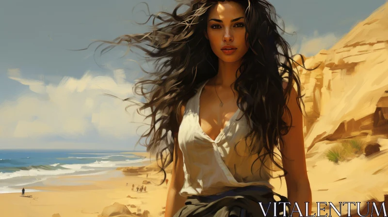 Young Woman on Beach with Serious Expression AI Image
