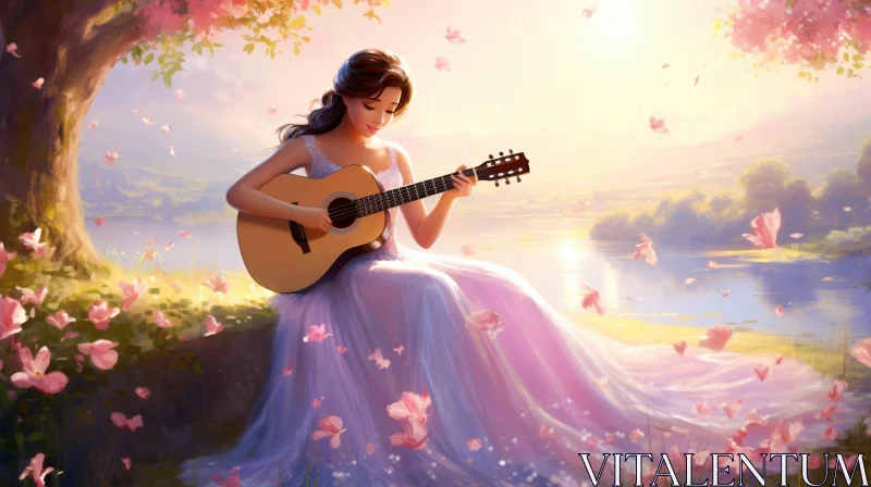 Young Woman Playing Guitar by Lake at Sunset AI Image