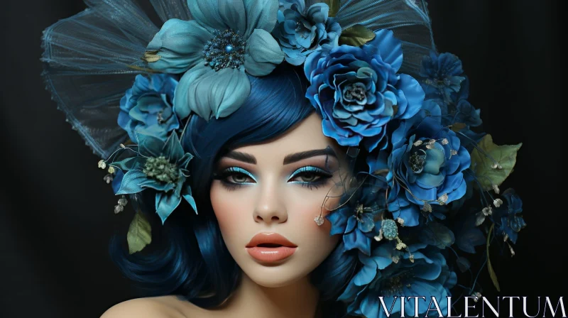 Blue-Haired Woman with Floral Hair Detail in Elegant Pose AI Image