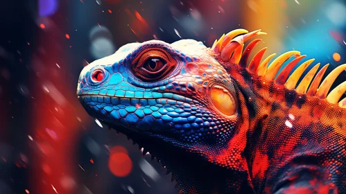 Colorful Iguana Portrait in Blue, Yellow, and Orange