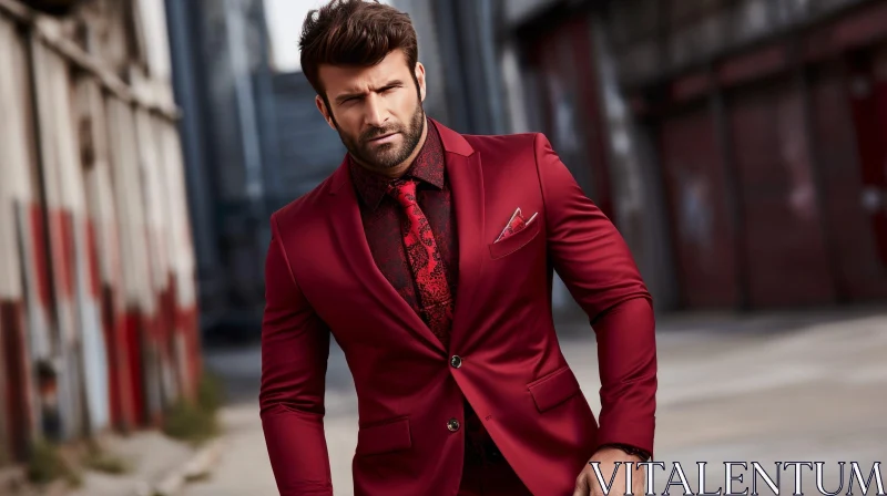 Confident Man in Red Suit Urban Portrait AI Image