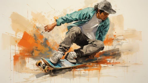 Dynamic Skateboarding Art - Young Man in Blue Shirt
