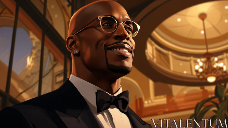 Elegant African-American Man in Tuxedo and Glasses AI Image