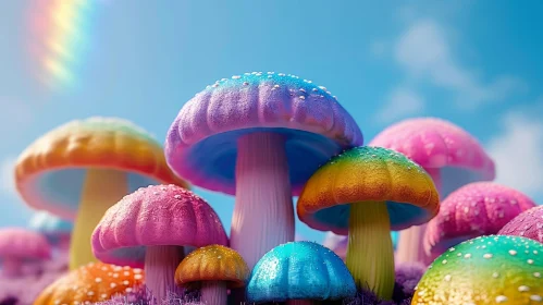 Enchanting Colorful Mushroom Cluster in Field Under Rainbow