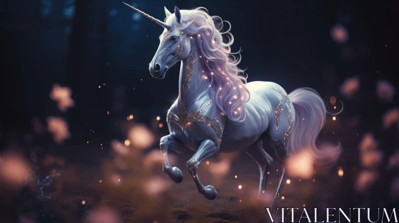 Enchanting Unicorn in Dark Forest AI Image