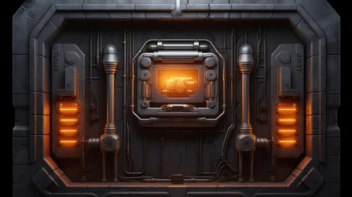 Glowing Orange Metal Wall - Industrial Cyberpunk Art