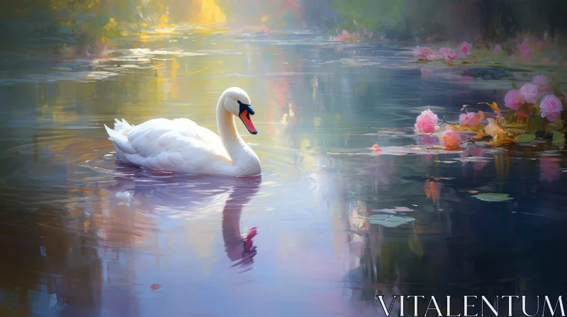 Graceful Swan in a Sunlit Pond Painting AI Image