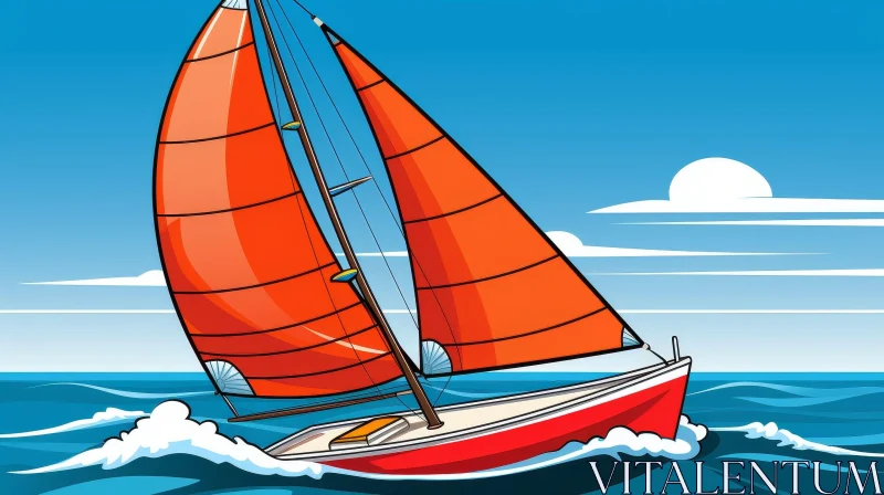 AI ART Red Sailboat Cartoon Illustration on the Sea