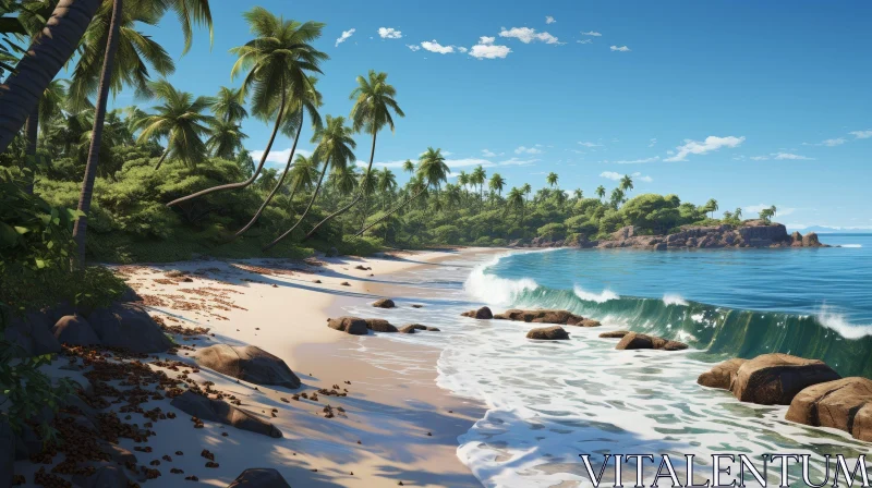 AI ART Tranquil Beach Landscape with Palm Trees and Clear Blue Water