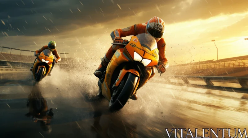 Yellow Leathersuit Motorcycle Racing on Wet Track AI Image
