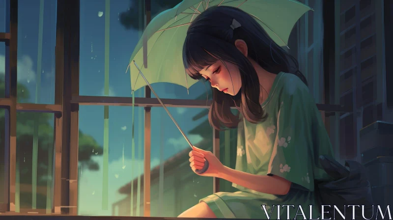 Young Girl with Green Umbrella - Digital Painting AI Image