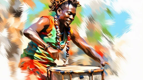 Joyful African Man Playing Djembe - Colorful Painting