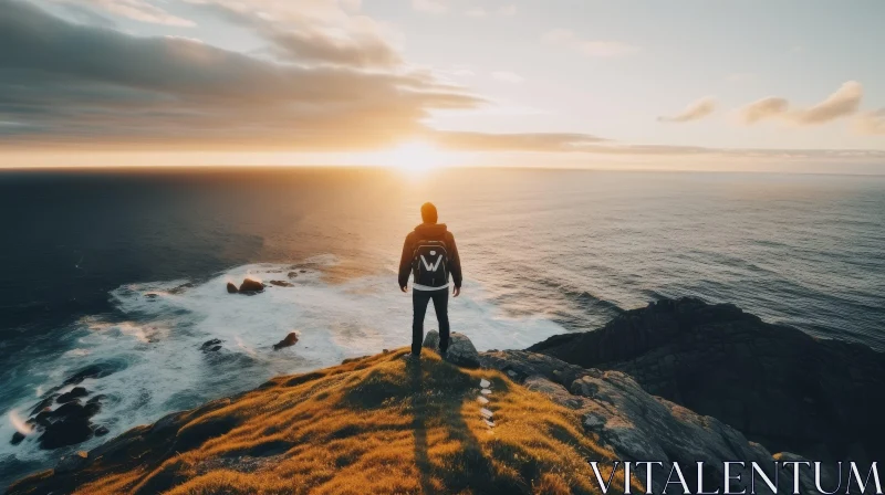 Man Standing on Cliff Overlooking Ocean at Sunset AI Image