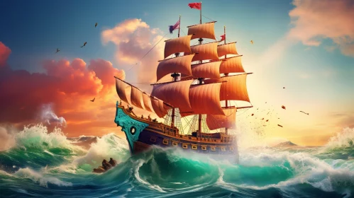 Pirate Ship Sailing on Rough Sea - Digital Painting