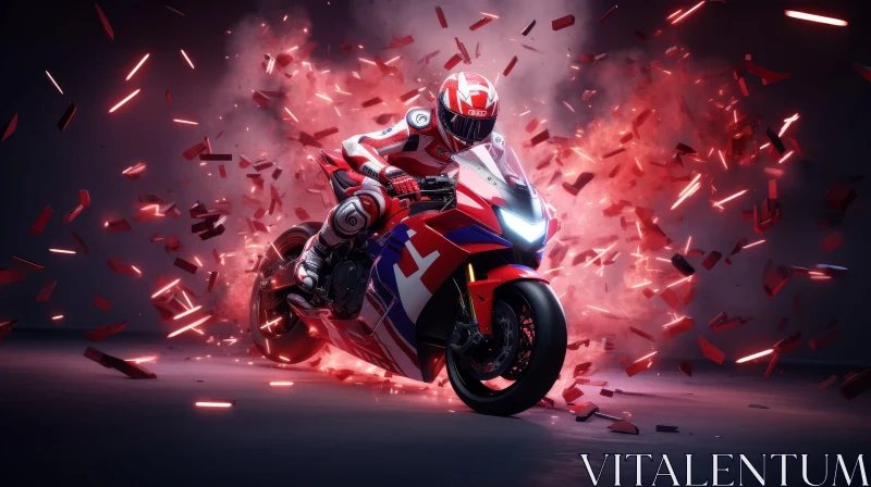 AI ART Red and White Motorcyclist on Sport Bike Turn