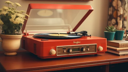 Red Vintage Record Player on Wooden Table