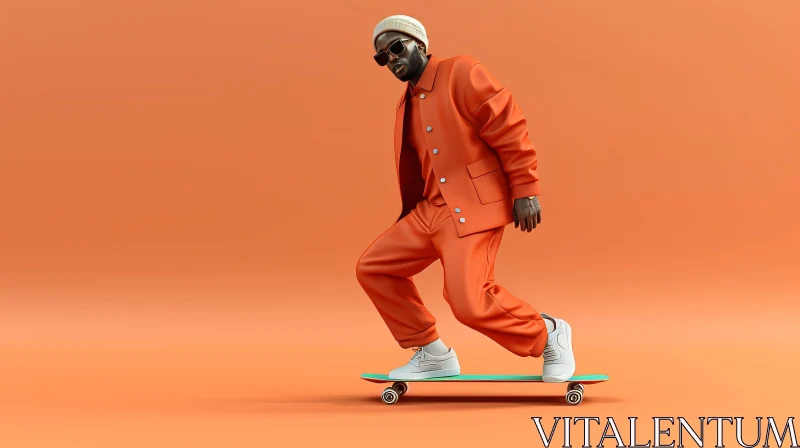 Stylish Black Man Skateboarding in Orange Suit AI Image