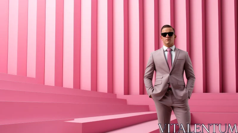 Stylish Man in Pink Suit and Sunglasses in Monochromatic Room AI Image