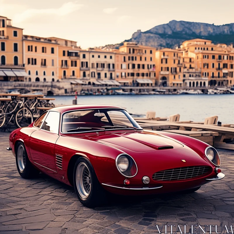 Vintage Vibe: Red Ferrari in a Harbor - Classic Portraiture Style AI Image