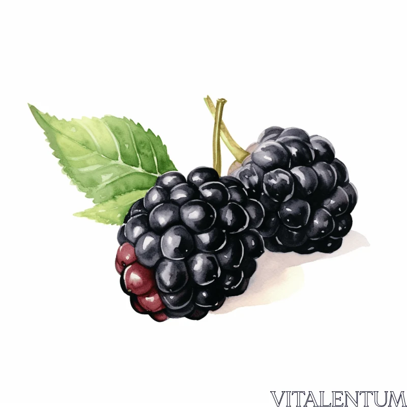 Blackberry Illustration on White Background with Leaves | Dark Magenta and Dark Amber AI Image