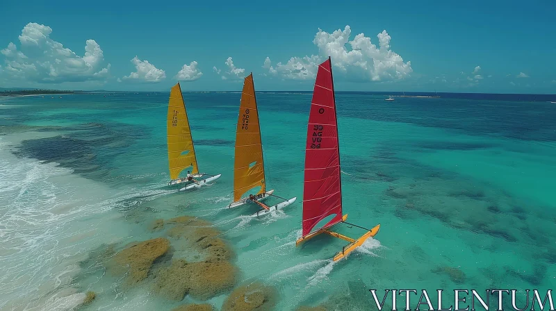 Colorful Catamarans Sailing in Tropical Sea AI Image