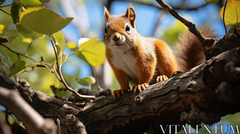 AI ART Curious Red Squirrel on Tree Branch