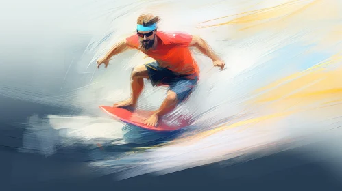 Man Surfing Painting - Red Shirt, Blue Shorts - Realistic Style