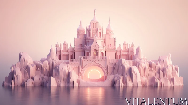 AI ART Pink Castle on Rocky Cliff 3D Rendering